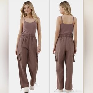 No Boundaries Dusty Rose Mauve Cargo Jumpsuit Wide Leg Mixed Media Junior's XL